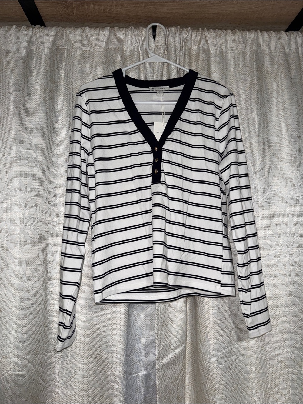 Striped Long-Sleeve Henley Top in White and Black